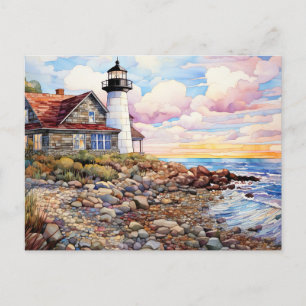 coastal landscape with cottage and a lighthouse postcard