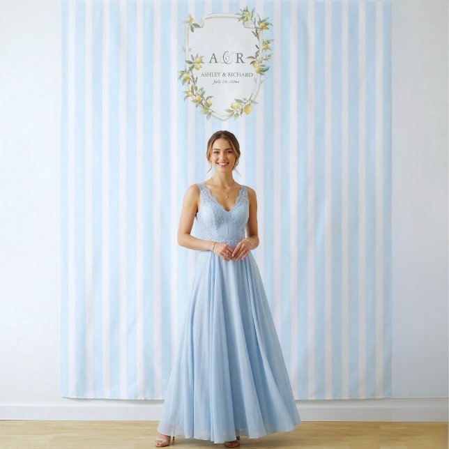 Coastal Lemon Wedding Backdrop Photo Booth Tapestry (elegant mediterranean lemon monogram crest coastal pale blue stripe wedding backdrop photo booth)