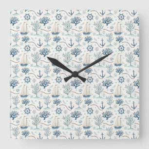 Coastal Life Oceans Blue Square Wall Clock