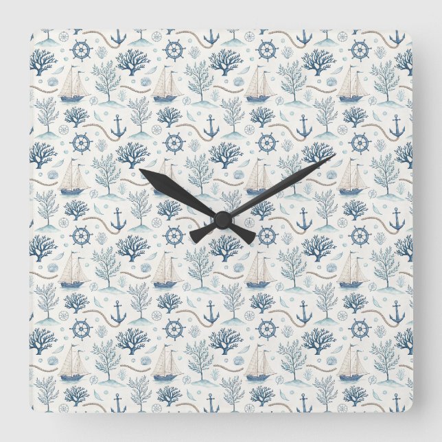Coastal Life Oceans Blue Square Wall Clock (Front)