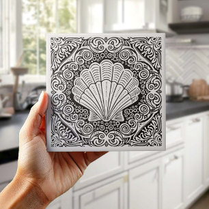 Coastal Life Series Clam Shell B & W D1208 Ceramic Tile