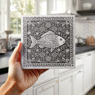 Coastal Life Series Fish B & W D1208 Ceramic Tile