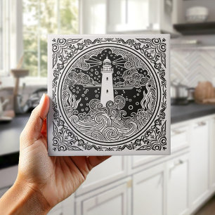 Coastal Life Series Lighthouse B & W D1208 Ceramic Tile