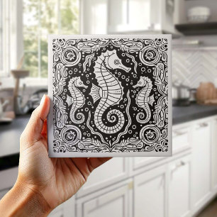 Coastal Life Series Seahorse B & W D1208 Ceramic Tile