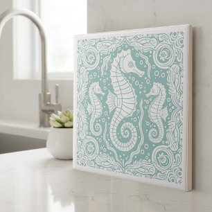 Coastal Life Series Seahorse Teal D1208 Ceramic Tile