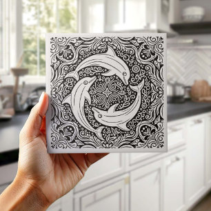 Coastal Life Series Three Dolphins B & W D1208 Ceramic Tile