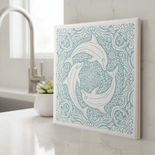 Coastal Life Series Three Dolphins Teal D1208 Ceramic Tile