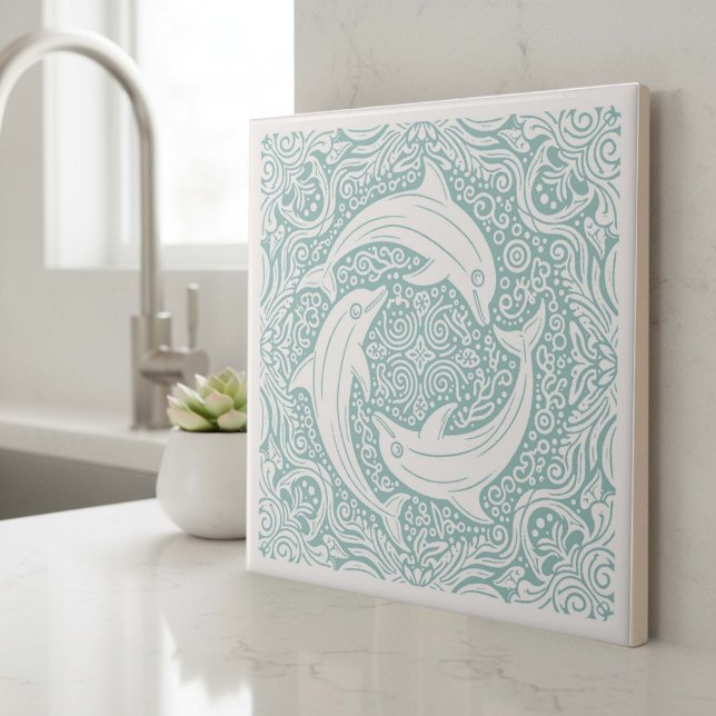 Coastal Life Series Three Dolphins Teal D1208 Ceramic Tile (Creator Uploaded)