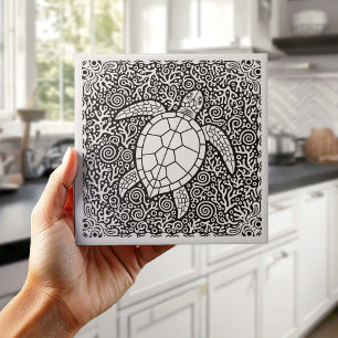 Coastal Life Series Turtle B & W D1208 Ceramic Tile