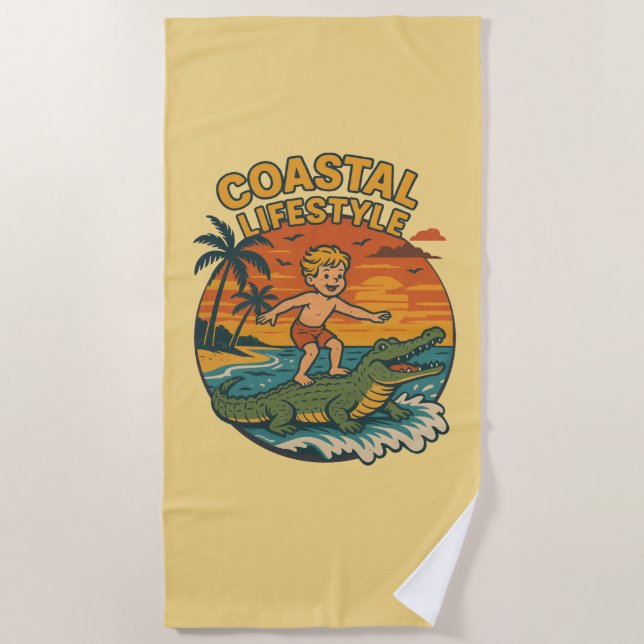 Coastal Lifestyle Gator Surfing - Retro Surf Beach Beach Towel (Front)