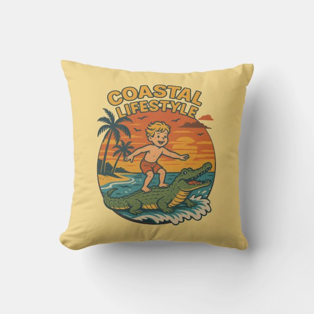 Coastal Lifestyle Gator Surfing - Retro Surf Beach Cushion (Front)
