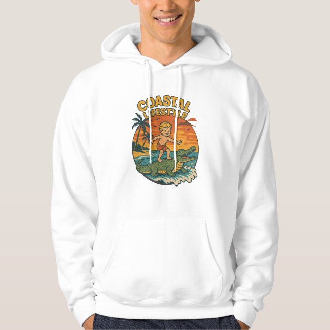 Coastal Lifestyle Gator Surfing - Retro Surf Beach Hoodie (Front)