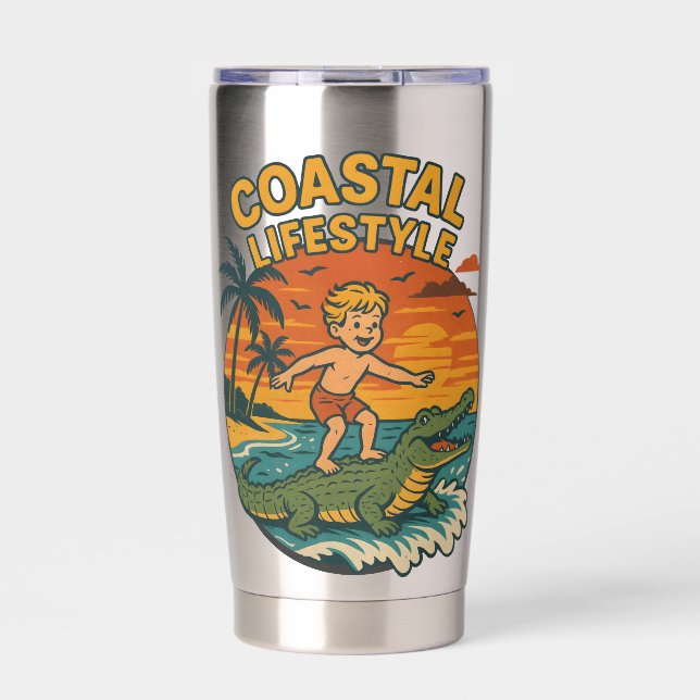 Coastal Lifestyle Gator Surfing - Retro Surf Beach Insulated Tumbler (Front)