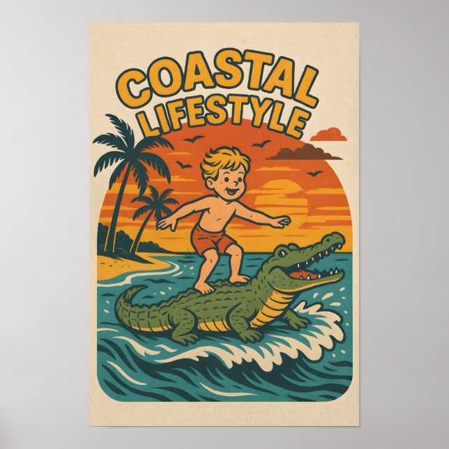 Coastal Lifestyle Gator Surfing - Retro Surf Beach Poster (Front)