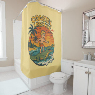 Coastal Lifestyle Gator Surfing - Retro Surf Beach Shower Curtain