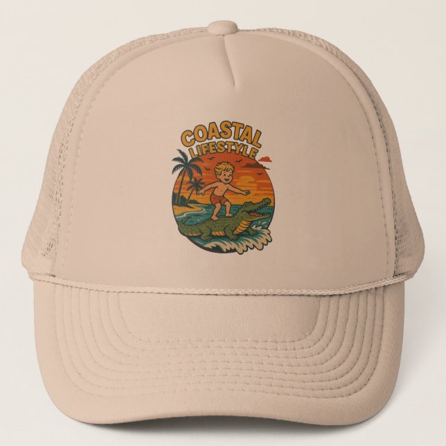 Coastal Lifestyle Gator Surfing - Retro Surf Beach Trucker Hat (Front)