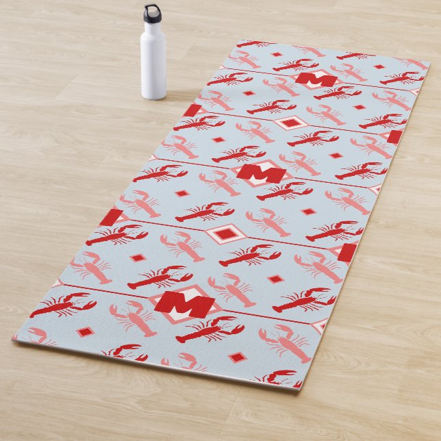Coastal Light Blue Red Lobster 🦞Pattern Monogram Yoga Mat (In Situ)