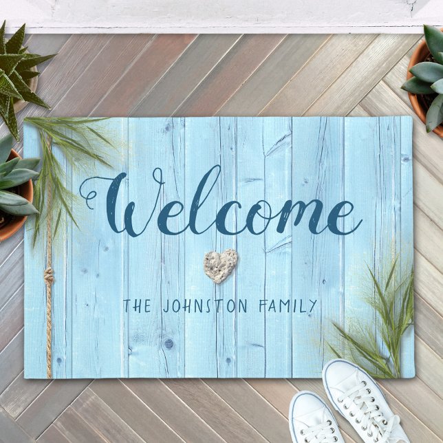 Coastal Light Blue Rustic Wood Name Welcome Doormat (Creator Uploaded)