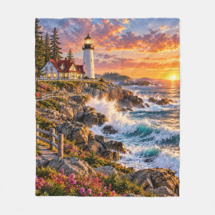 Coastal Lighthouse at Sunset Fleece Blanket