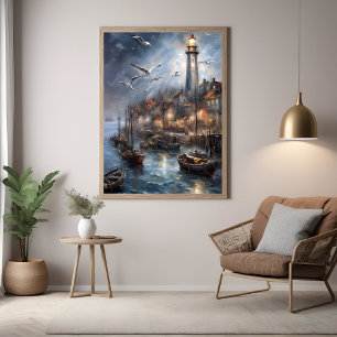 Coastal Lighthouse at Twilight Nautical Art Poster