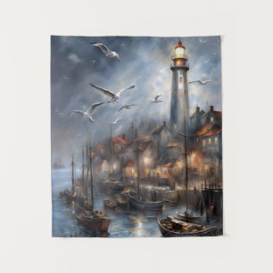 Coastal Lighthouse at Twilight Nautical Art Tapestry