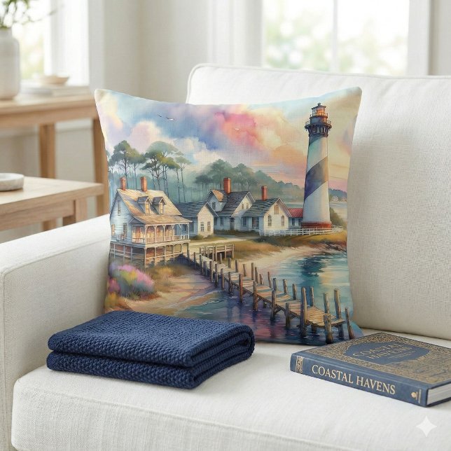 Coastal Lighthouse & Beach Cottages Scene Cushion (Coastal Lighthouse & Beach Cottages Scene Throw Pillow Mockup A)