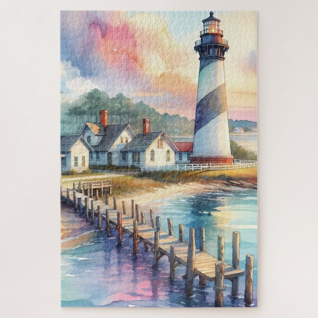 Coastal Lighthouse & Beach Cottages Scene Jigsaw Puzzle (Vertical)