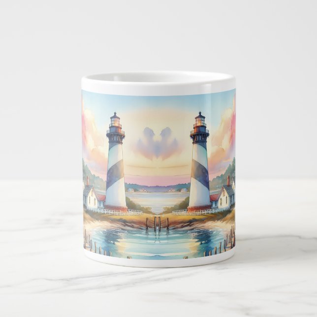 Coastal Lighthouse & Beach Cottages Scene Large Coffee Mug (Front)