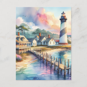 Coastal Lighthouse & Beach Cottages Scene Postcard