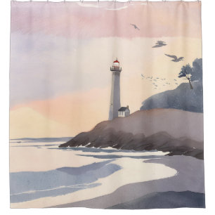 Coastal Lighthouse Beach Watercolor Painting Shower Curtain