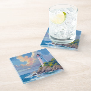 Coastal Lighthouse Blue Ocean Waves Sea Glass Coaster