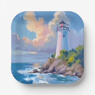 Coastal Lighthouse   Blue Ocean Waves Sea Paper Plate