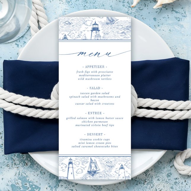 Coastal Lighthouse Blue Toile Wedding Menu (Creator Uploaded)