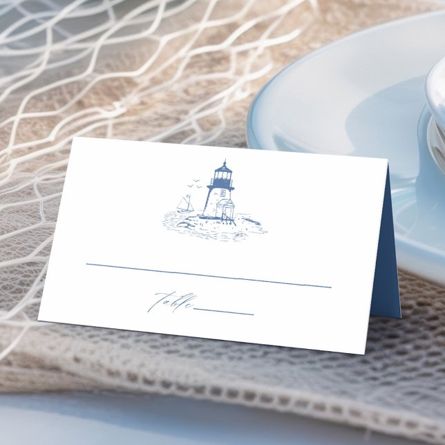Coastal Lighthouse Blue Toile Wedding Place Card (Creator Uploaded)