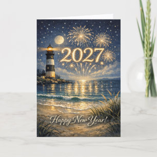 Coastal Lighthouse Fireworks Happy New Year 2027 Holiday Card