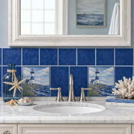 Coastal Lighthouse Nautical Blue & White Ceramic Tile