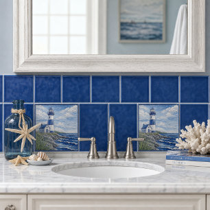 Coastal Lighthouse Nautical Blue & White Ceramic Tile
