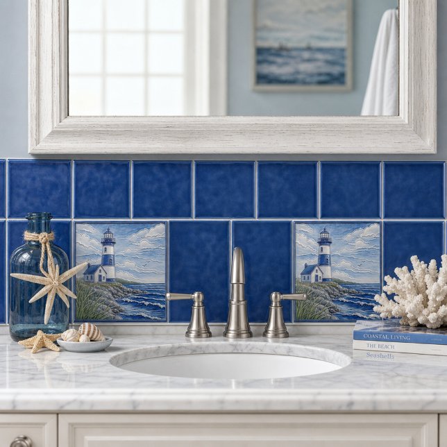 Coastal Lighthouse Nautical Blue & White  Ceramic Tile (Creator Uploaded)