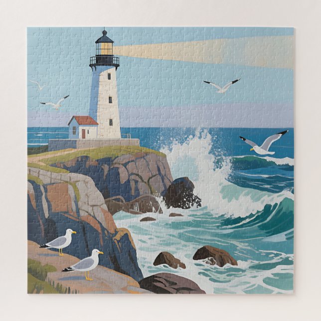 Coastal Lighthouse Ocean Waves Seagulls Jigsaw Puzzle (Vertical)