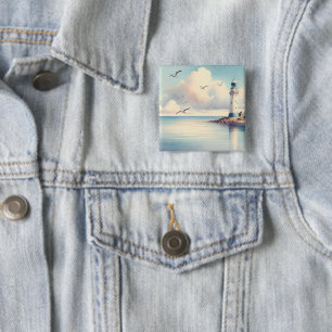 Coastal Lighthouse Seagulls Pastel Sky Serenity 15 Cm Square Badge