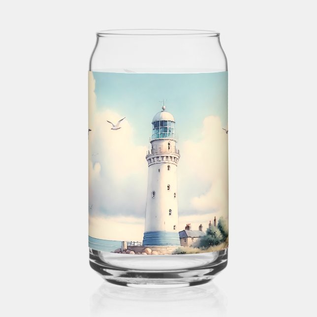 Coastal Lighthouse Seagulls Pastel Sky Serenity Can Glass (Back)