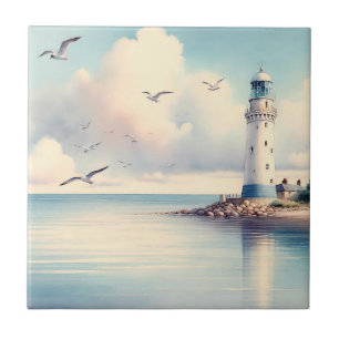 Coastal Lighthouse Seagulls Pastel Sky Serenity Ceramic Tile