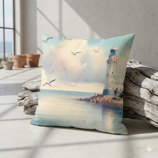 Coastal Lighthouse Seagulls Pastel Sky Serenity Cushion (Coastal Lighthouse Seagulls Pastel Sky Serenity Throw Pillow Against Driftwood Log)