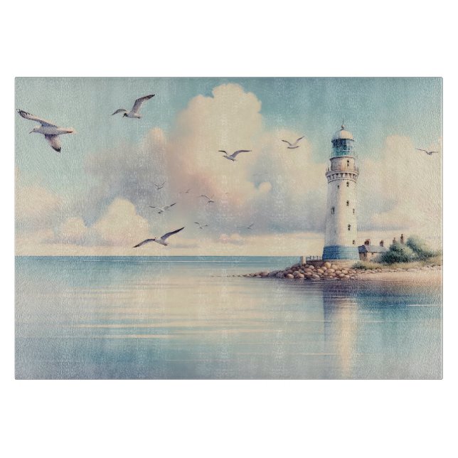 Coastal Lighthouse Seagulls Pastel Sky Serenity Cutting Board (Front)