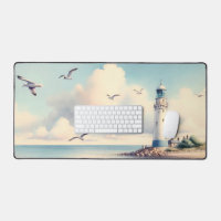 Coastal Lighthouse Seagulls Pastel Sky Serenity
