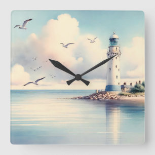 Coastal Lighthouse Seagulls Pastel Sky Serenity Square Wall Clock
