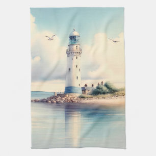 Coastal Lighthouse Seagulls Pastel Sky Serenity Tea Towel