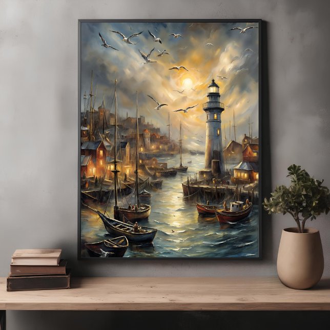 Coastal Lighthouse & Seaside Village Sunset Art Poster (Creator Uploaded)
