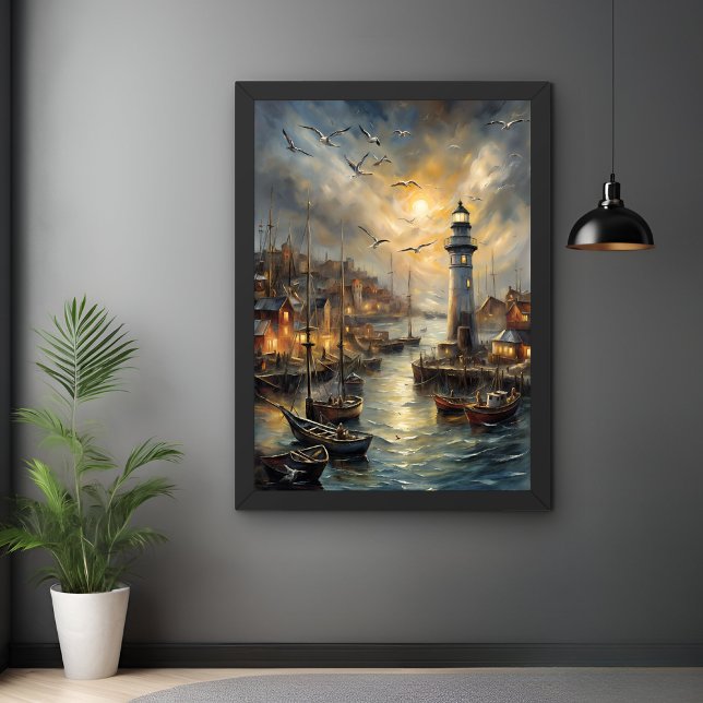 Coastal Lighthouse & Seaside Village Sunset Art Poster (Creator Uploaded)