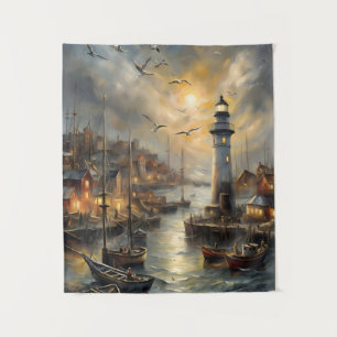 Coastal Lighthouse & Seaside Village Sunset Art Tapestry